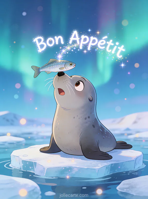 Illustration cartoon d'un phoque équilibrant un poisson sur son nez sur la banquise avec aurores boréales avec le texte Bon Appétit