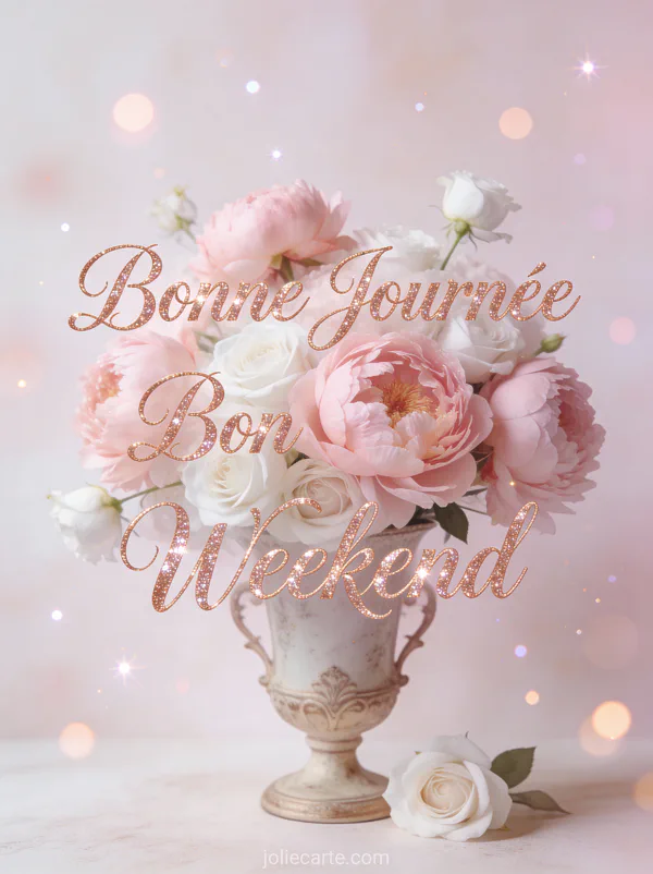Bouquet de pivoines roses et roses blanches dans un vase vintage avec le texte Bonne Journée Bon Weekend