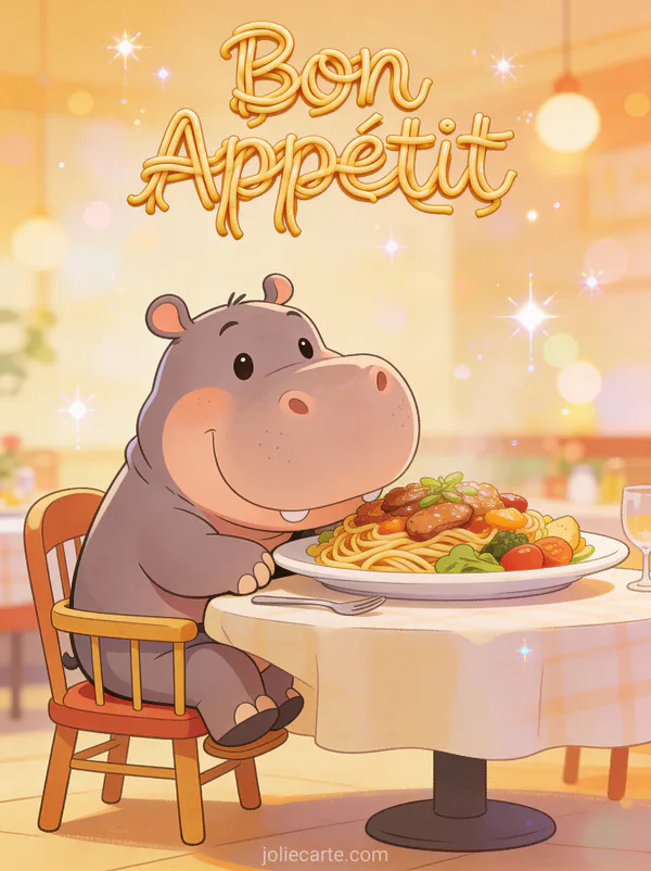 Illustration cartoon d'un hippopotame serré sur une petite chaise de restaurant avec une énorme assiette avec le texte Bon Appétit
