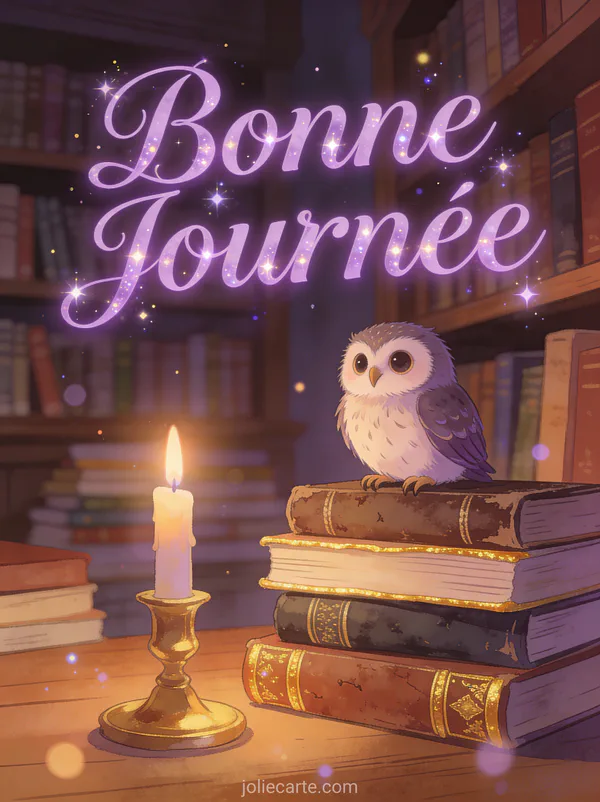 Hibou mignon assis sur une pile de livres anciens à la lueur des bougies avec le texte Bonne Journée