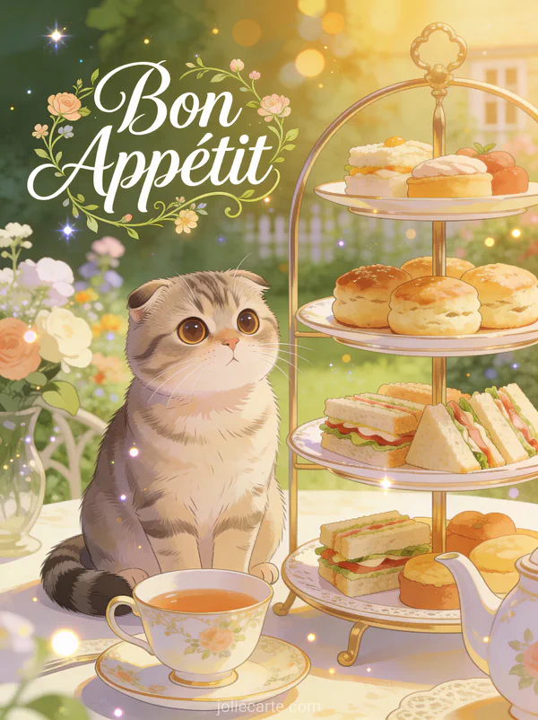 Chat scottish fold aux yeux ronds près d'une tour à thé avec scones et sandwichs dans un jardin anglais avec le texte Bon Appétit