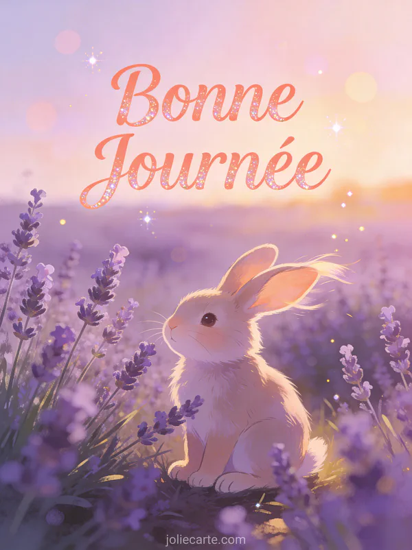 Lapin mignon dans un champ de lavande au coucher du soleil avec le texte Bonne Journée