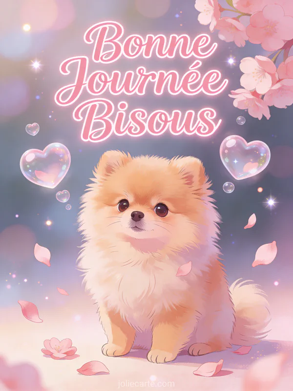 Chiot poméranien duveteux avec regard tendre et pétales de fleurs avec le texte Bonne Journée Bisous