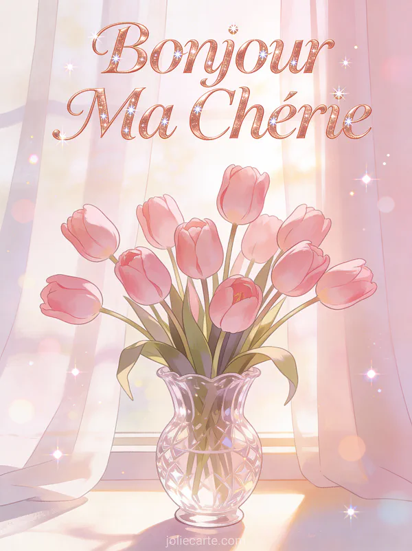 Tulipes roses dans un vase en cristal avec lumière matinale douce et le texte Bonjour Ma Chérie