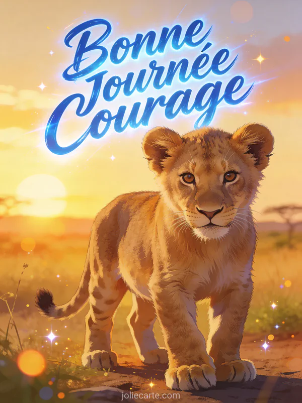 Lionceau au regard déterminé dans la savane au lever du soleil avec le texte Bonne Journée Courage