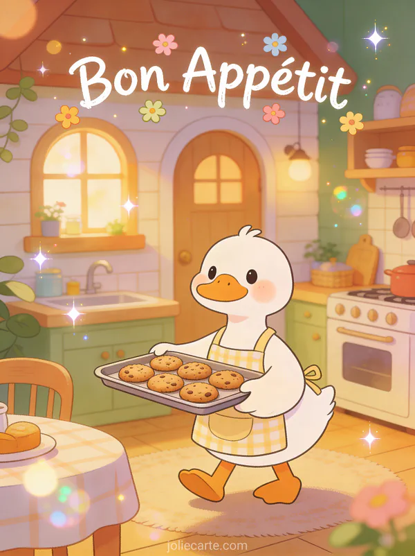 Illustration cartoon d'un canard en tablier apportant un plateau de cookies dans une cuisine de cottage avec le texte Bon Appétit