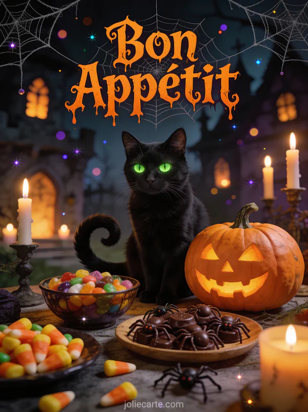 Chat noir aux yeux verts brillants près de friandises Halloween et citrouille sculptée dans une maison hantée avec le texte Bon Appétit