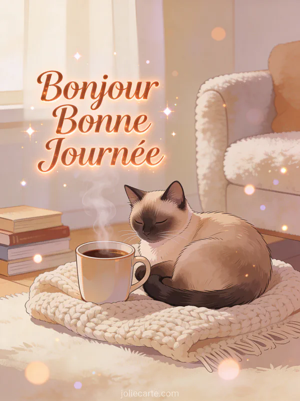 Chat siamois lové près d'une tasse de café fumante avec plaid douillet et le texte Bonjour Bonne Journée