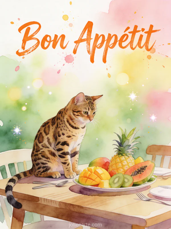 Chat bengal tacheté observant un plateau de fruits tropicaux colorés dans un décor minimaliste moderne avec le texte Bon Appétit