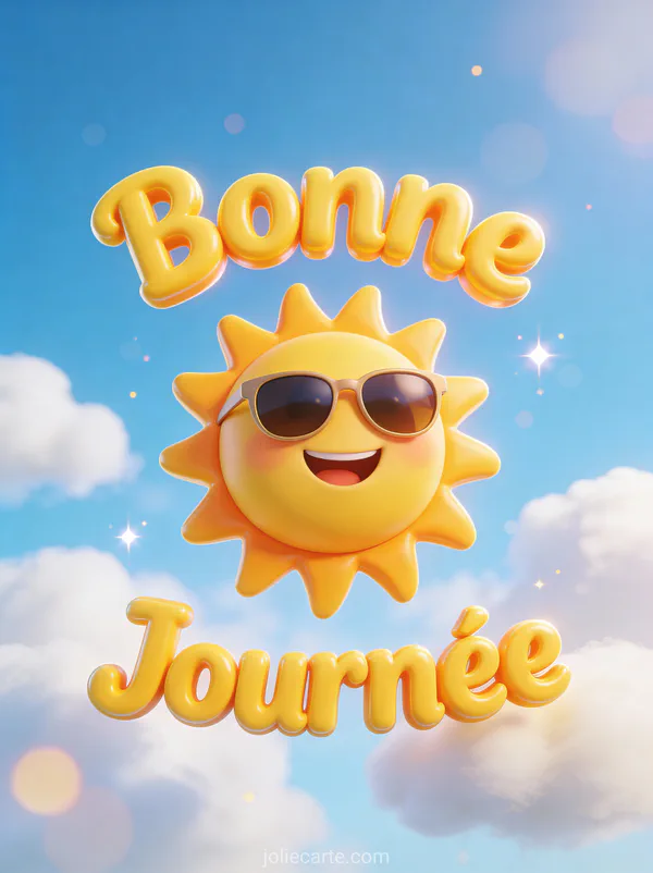 Soleil souriant cartoon avec lunettes de soleil dans ciel bleu et le texte Bonne Journée