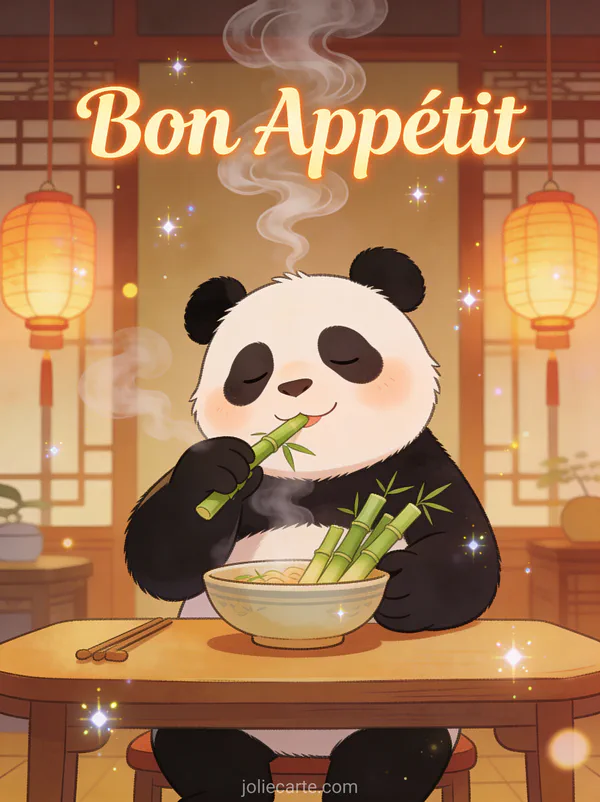 Illustration cartoon d'un panda mangeant du bambou dans une salle à manger asiatique avec lanternes avec le texte Bon Appétit