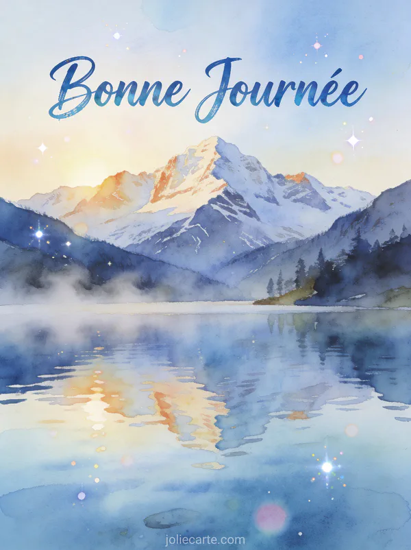 Lac de montagne au lever du soleil avec reflet des sommets enneigés et brume avec le texte Bonne Journée