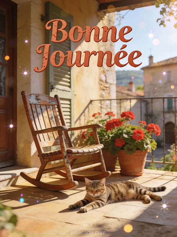 Chat tigré qui s'étire sur un porche ensoleillé avec géraniums en pots et le texte Bonne Journée