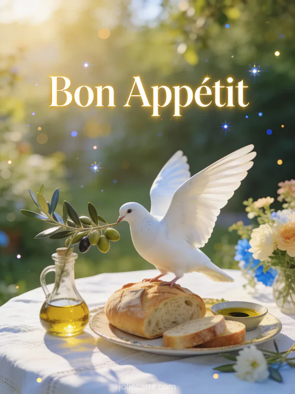Colombe blanche près d'une branche d'olivier et repas méditerranéen avec pain et huile d'olive dans un jardin paisible avec le texte Bon Appétit