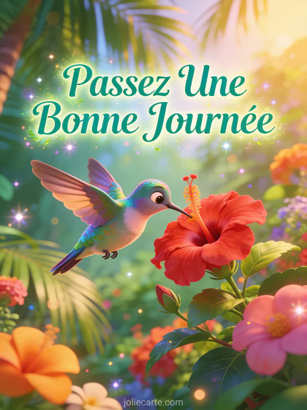 Colibri cartoon buvant sur une fleur d'hibiscus dans un jardin tropical avec le texte Passez Une Bonne Journée
