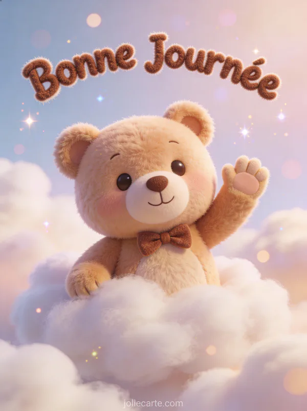 Ourson en peluche 3D mignon avec nœud papillon qui fait coucou dans les nuages avec le texte Bonne Journée