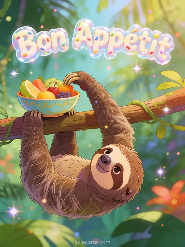 Illustration cartoon d'un paresseux suspendu à une branche tendant la patte vers un bol de fruits dans la jungle avec le texte Bon Appétit