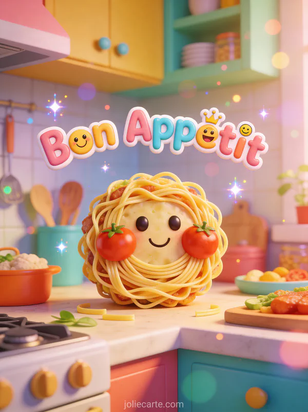 Illustration 3D d'un visage souriant fait de tomates et pâtes sur un plan de travail coloré avec le texte Bon Appétit