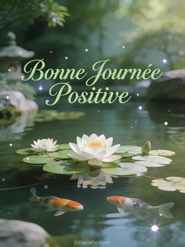 Fleur de lotus sur étang calme avec nénuphars et carpes koï et le texte Bonne Journée Positive
