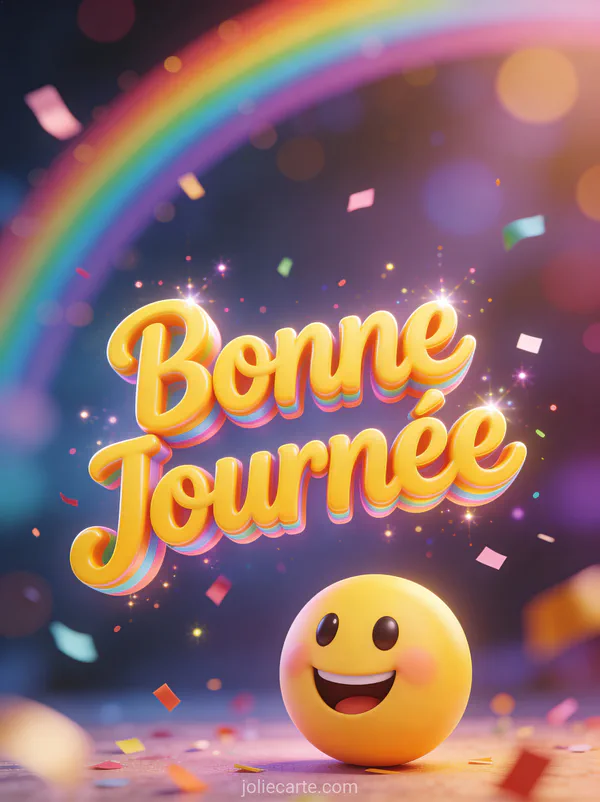 Emoji souriant 3D avec arc-en-ciel et confettis multicolores avec le texte Bonne Journée