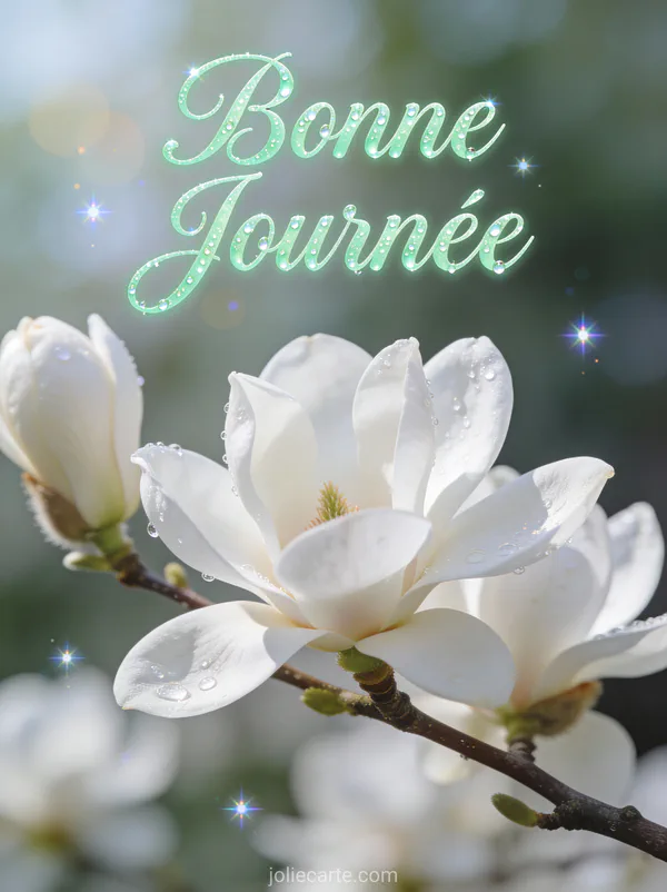 Fleurs de magnolia blanc sur branche avec lumière printanière douce et le texte Bonne Journée