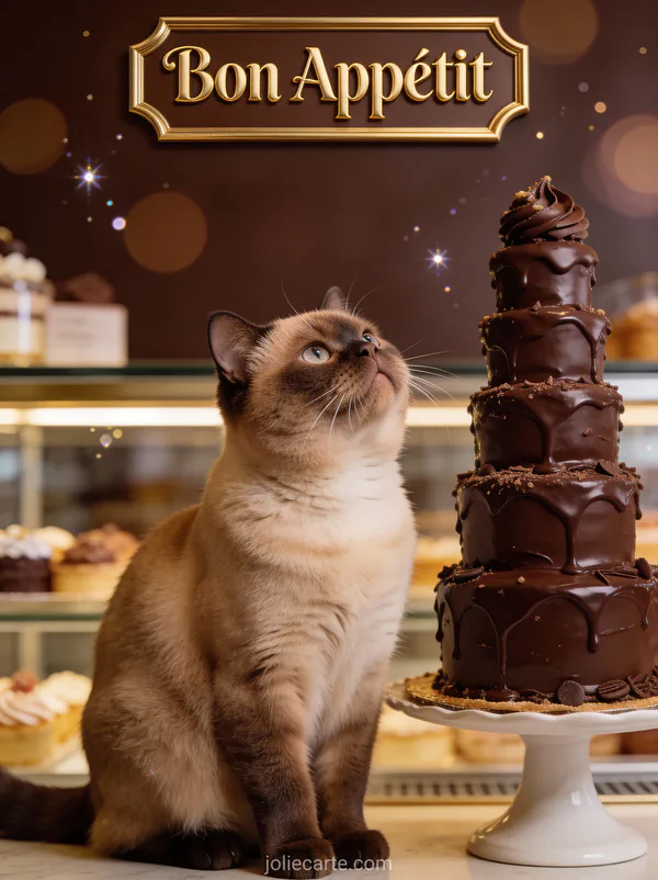Chat exotic shorthair au visage plat observant une tour de desserts au chocolat dans une pâtisserie avec le texte Bon Appétit doré