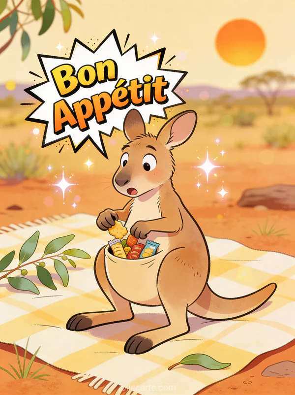 Illustration cartoon d'un kangourou découvrant des snacks cachés dans sa poche lors d'un pique-nique australien avec le texte Bon Appétit