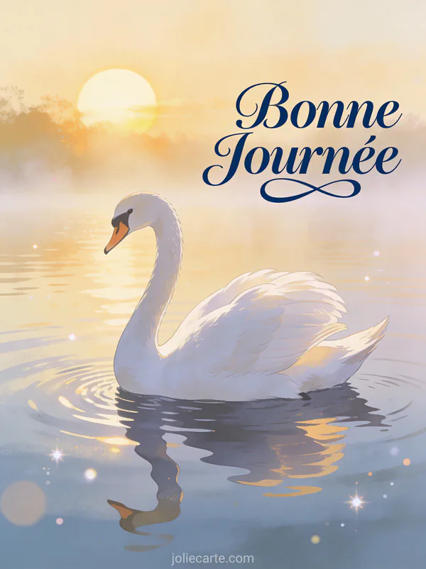 Cygne blanc glissant sur un lac calme au lever du soleil avec brume matinale et le texte Bonne Journée