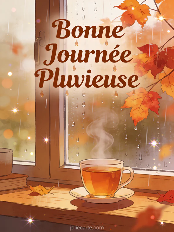 Tasse de thé fumante devant une vitre avec gouttes de pluie et feuilles d'automne avec le texte Bonne Journée Pluvieuse