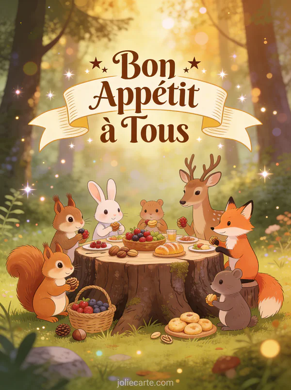 Illustration d'animaux de la forêt partageant un festin autour d'une souche dans une clairière enchantée avec le texte Bon Appétit à Tous