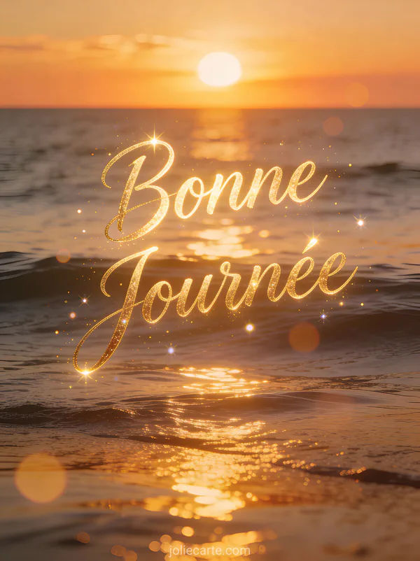 Lever de soleil doré sur océan calme avec reflets lumineux et le texte Bonne Journée
