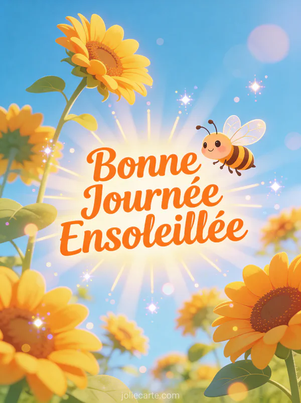 Abeille cartoon butinant des tournesols sous un ciel bleu d'été avec le texte Bonne Journée Ensoleillée