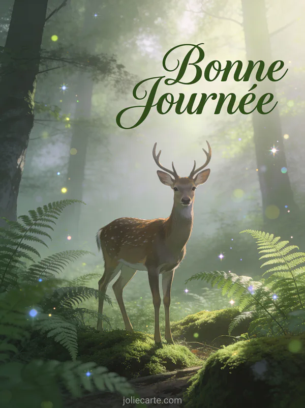 Biche dans une forêt brumeuse à l'aube avec fougères et mousse et le texte Bonne Journée