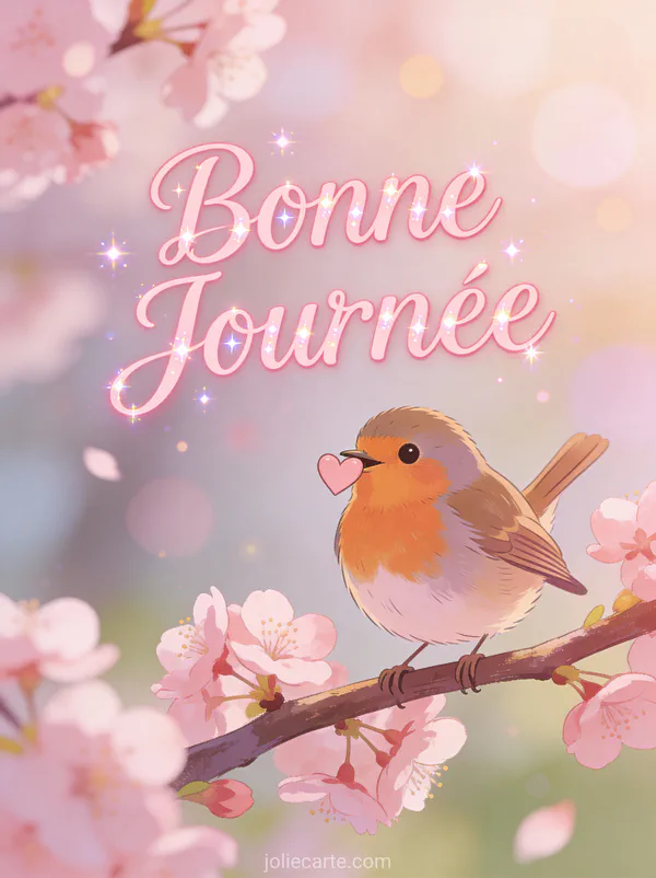 Rouge-gorge tenant un petit cœur dans son bec sur une branche de cerisier en fleurs avec le texte Bonne Journée