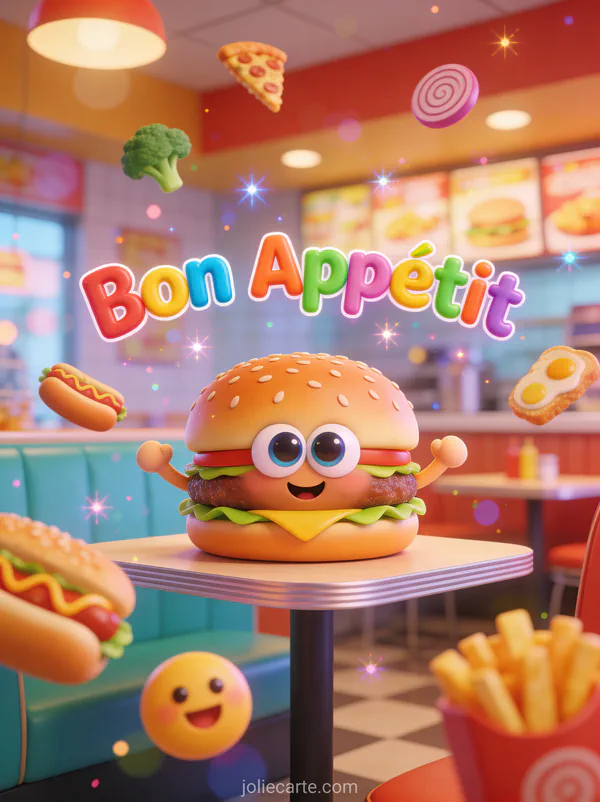 Illustration 3D d'un burger personnage souriant avec des yeux et petits bras dans un fast food coloré avec le texte Bon Appétit et emojis