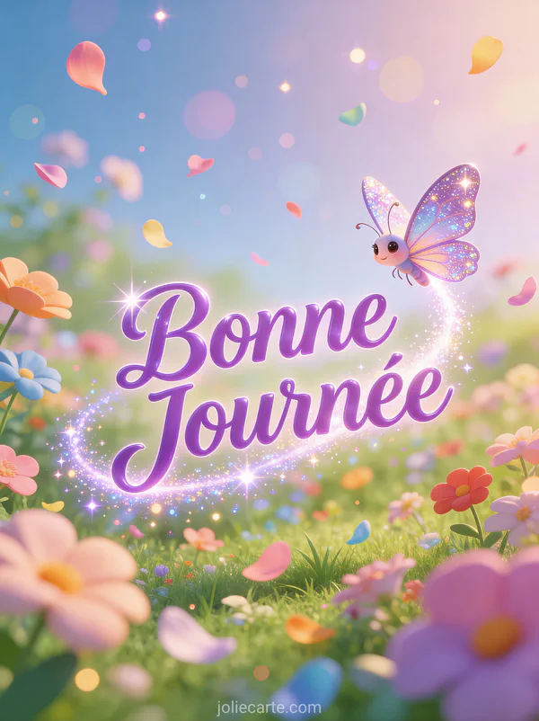 Papillon cartoon aux ailes pailletées dans un jardin fleuri avec pétales volants et le texte Bonne Journée