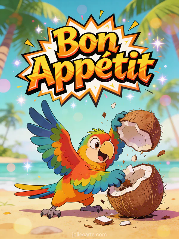 Illustration cartoon d'un perroquet coloré tentant de casser une noix de coco sur une île tropicale avec le texte Bon Appétit
