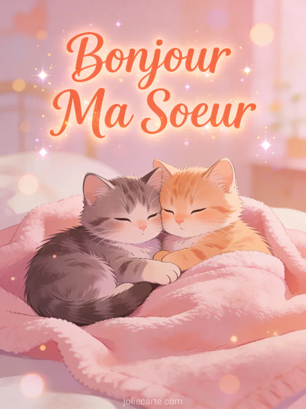 Deux chatons assortis qui se câlinent sur une couverture rose avec le texte Bonjour Ma Sœur