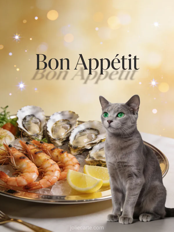 Chat bleu russe aux yeux émeraude posant élégamment près d'un plateau de fruits de mer dans un restaurant haut de gamme avec le texte Bon Appétit