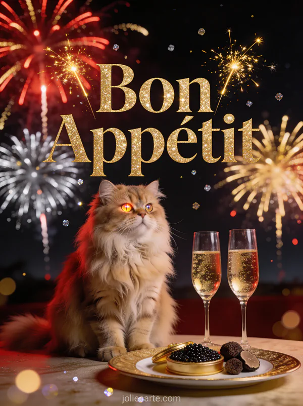 Chat persan élégant près de flûtes de champagne et dîner du Nouvel An avec feux d'artifice en arrière-plan avec le texte Bon Appétit scintillant