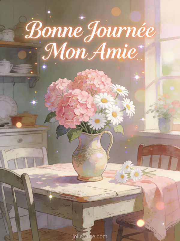 Bouquet d'hortensias roses et marguerites blanches dans un pichet vintage sur table rustique avec le texte Bonne Journée Mon Amie