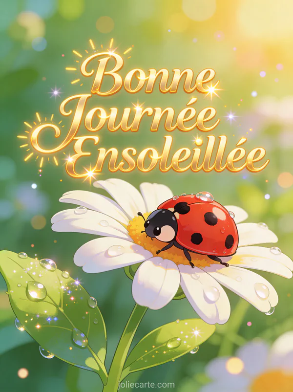 Coccinelle sur pétale de marguerite avec gouttes de rosée au soleil et le texte Bonne Journée Ensoleillée