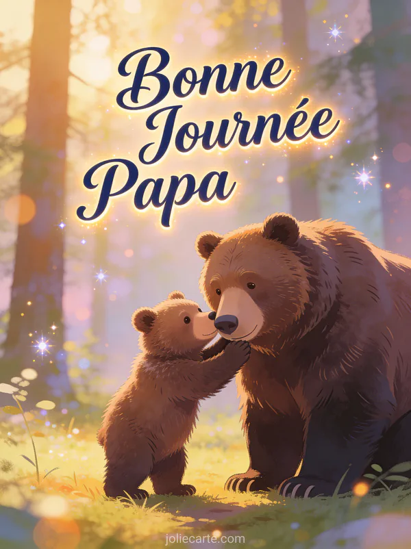 Papa ours et son ourson dans une clairière forestière avec le texte Bonne Journée Papa