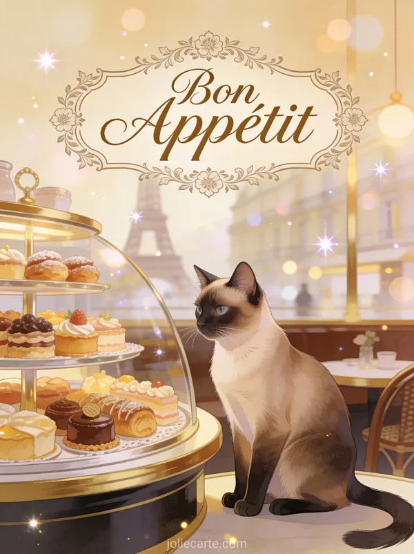 Chat siamois au port royal près d'une vitrine de pâtisseries françaises dans un café parisien avec le texte Bon Appétit calligraphié
