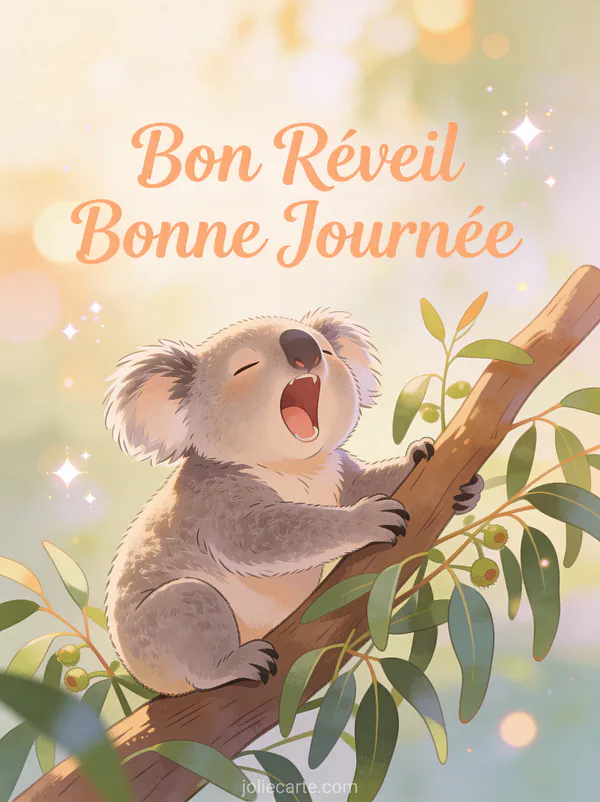 Koala endormi qui baille sur une branche d'eucalyptus dans la lumière du matin avec le texte Bon Réveil Bonne Journée