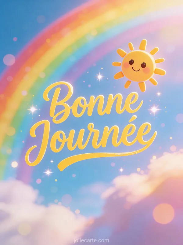 Soleil cartoon souriant avec arc-en-ciel coloré et le texte Bonne Journée