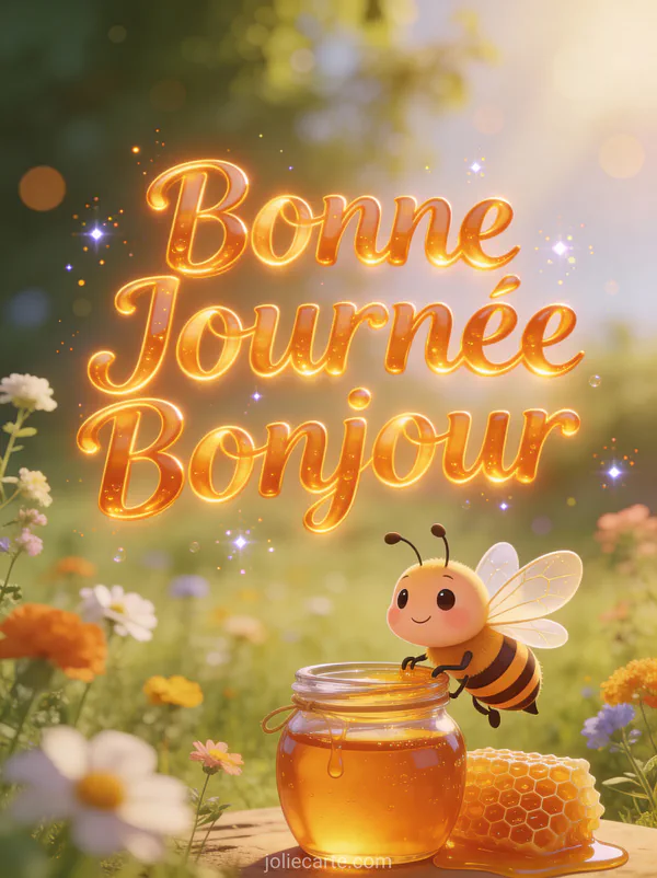 Abeille cartoon à côté d'un pot de miel et rayons de miel avec fleurs sauvages et le texte Bonne Journée Bonjour