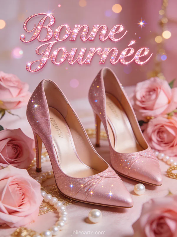 Escarpins roses entourés de roses et perles dans un style luxueux féminin avec le texte Bonne Journée
