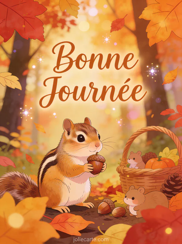 Tamia tenant un gland dans une forêt d'automne avec feuilles colorées et le texte Bonne Journée