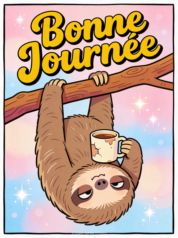 Paresseux cartoon pendu à l'envers tenant une tasse de café avec expression comique et le texte Bonne Journée